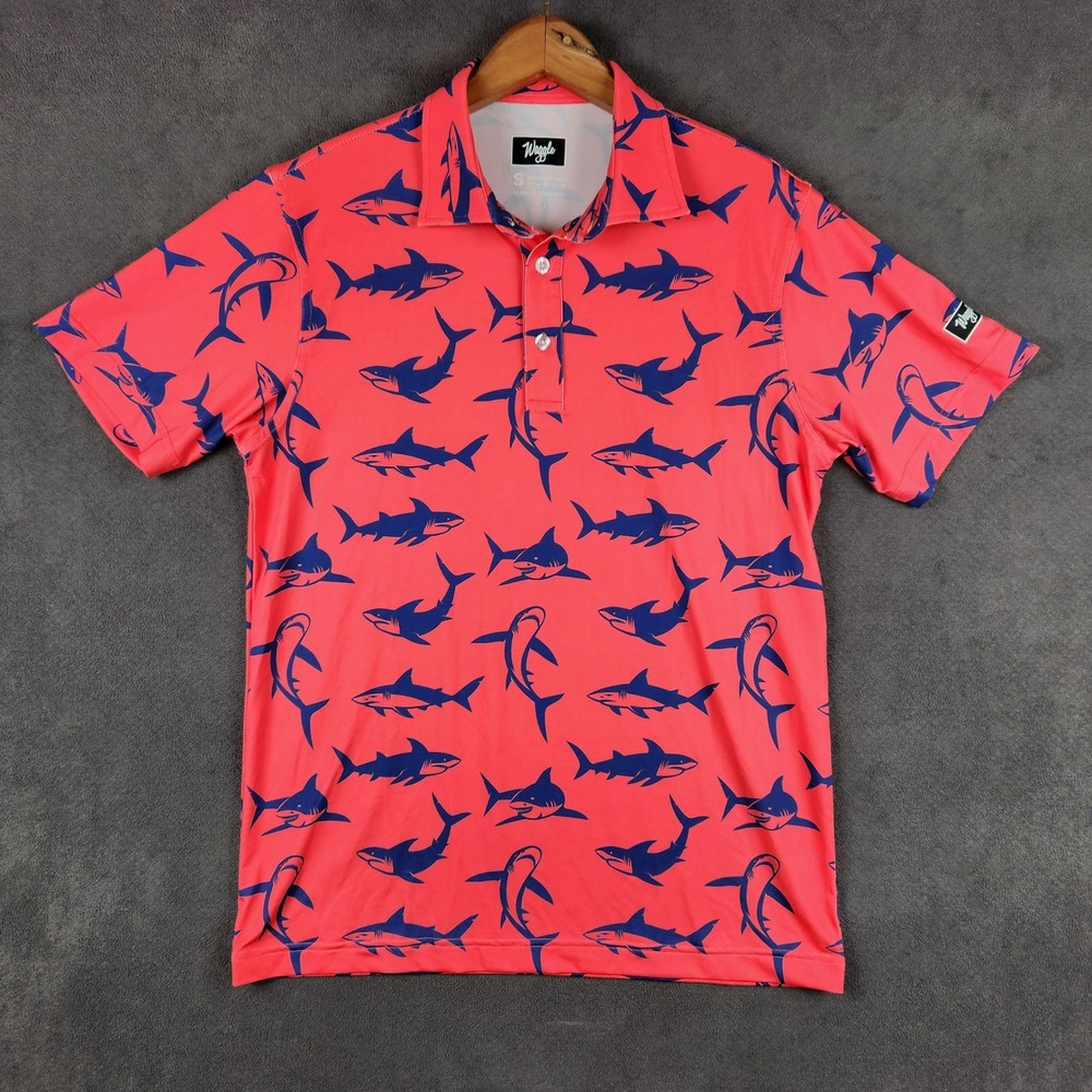 Waggle Golf‎ Polo Shirt Mens Small Pink Blue Shark All Over Print Performance